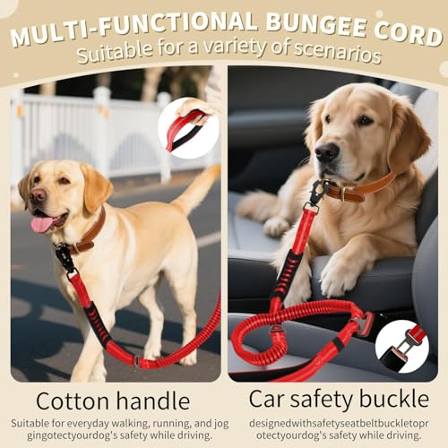Heavy Duty Tactical Dog Leash, 4-6FT Shock Absorbing Bungee Lead with 2 Padded Handles, Metal Carabiner & Seatbelt Clip, Reflective No-Pull Leash for Medium/Large Dogs (Red) - color: Red