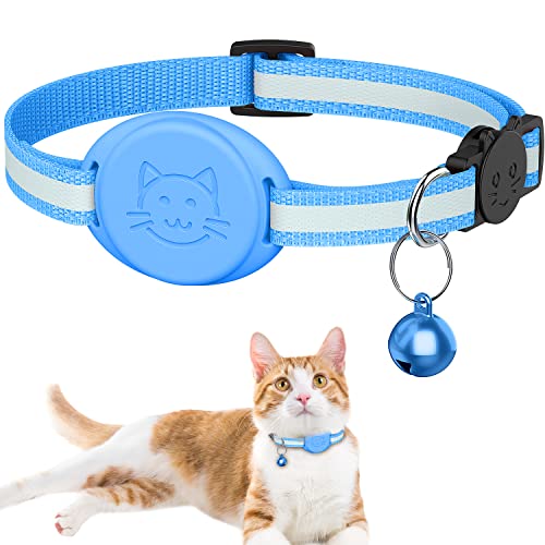 Upgrade Airtag Cat Collar, Reflective Kitten Cat Collar with Bell and Airtag Holder Compatible with Apple Airtags - color: light blue