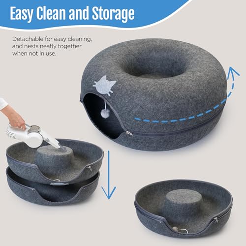 Meow Mansion Large Cat Cave Donut - Cat Tunnel; up to 30lbs - 3 Toy Balls & Hanging Ball Included - Scratch Resistant, Detachable and Cleanable Cat Donut Bed - color: Gray