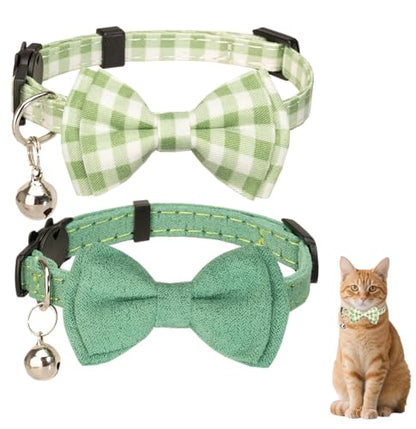 Cat Collar Breakaway Bowtie Safety with Bell Adjustbale Kitten Puppy Solid Plaid Color Set J-[2pcs] Green - color: J-[2pcs] Green