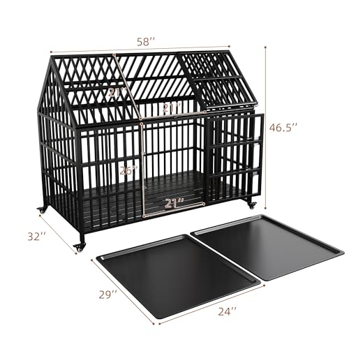 58 inch Heavy Duty Indestructible Dog Crate, New Upgraded Reinforced for Large Dogs,XXL Dog Crate for High Anxiety Dogs/Max Load Capacity 250lbs/Double Door with Wheels - size: 58''