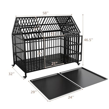 58 inch Heavy Duty Indestructible Dog Crate, New Upgraded Reinforced for Large Dogs,XXL Dog Crate for High Anxiety Dogs/Max Load Capacity 250lbs/Double Door with Wheels - size: 58''