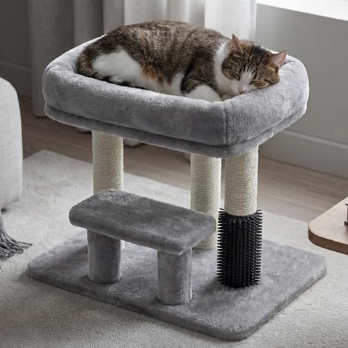 Heybly Cat Scratching Post, Small Cat Tree Tower with 3 Full Sisal Posts, Removable Plush Bed, Grooming Brush, Stable & Space-Saving Cat Furniture with Gentle Step for Indoor Cats, Light Gray HSP001SW - color: White, size: 15.7 inch