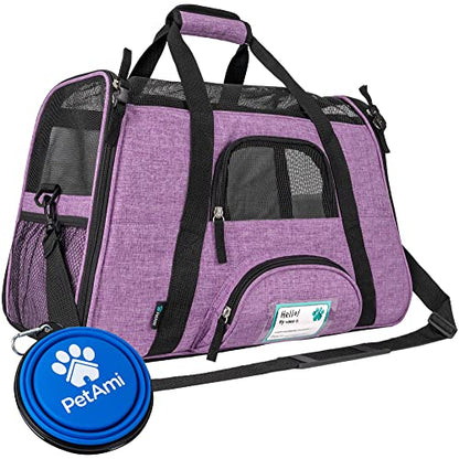 PetAmi Airline Approved Pet Carrier for Cats & Small Dogs, Soft Sided TSA Travel Carrier Bag with Sherpa Bed, Breathable Mesh Ventilation, Collapsible Bowl, Up to 18 lbs, Large Heather Purple - color: Heather Purple, size: Large - 19.5"L x 10.2"W x 12"H