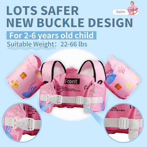 Toddler Swim Vest Floaties for 22-66 lbs / 2-6 Y Kids Swim Jacket with Adjustable Safety Buckle Arm Wings Swim Training for Boys and Girls Beach Boating Pool Floats - color: Pink Flamingo