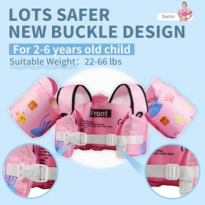 Toddler Swim Vest Floaties for 22-66 lbs / 2-6 Y Kids Swim Jacket with Adjustable Safety Buckle Arm Wings Swim Training for Boys and Girls Beach Boating Pool Floats - color: Pink Flamingo