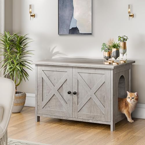 Shintenchi Cat Litter Box Enclosure, Litter Box Furniture Cabinet Hidden with Removable Divider, Wooden Cat House with End Table, Light Grey Oak, 31.5 inch - color: Light Grey Oak
