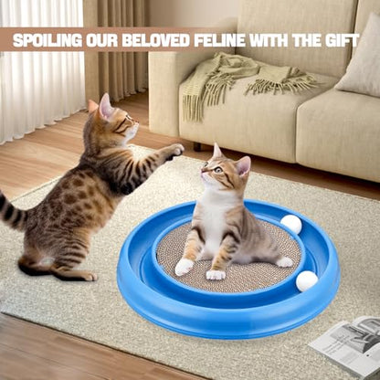 Cat Scratching Board with Balls for Cats Grinding Claw, Round Cat Scratcher Interactive Toy, Cat Ball Track Scratcher Pad for Cats Exercise Play(Blue)