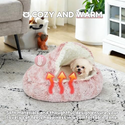 SUOXU Anti-Anxiety Cat Bed, Plush Hooded Cave, 20 in Diameter, Suitable for Small to Medium Pets, Pink - color: Pink