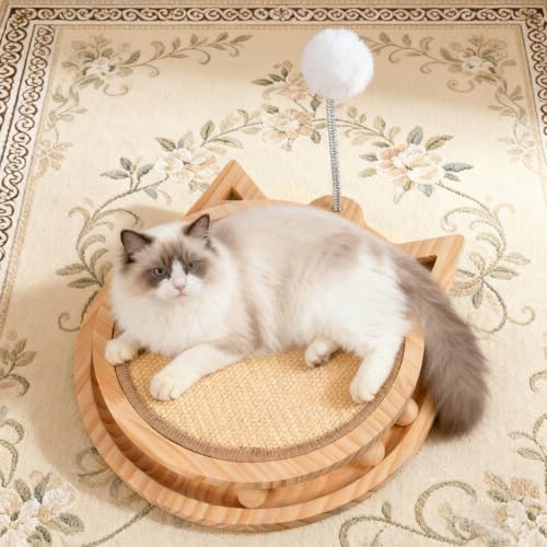 Sisal Cat Scratcher with Ball Track and Spring Toy 3 in 1 Wooden Interactive Cat Toys Cat Scratchers for Indoor Cats and Kitty - style: Single-layer