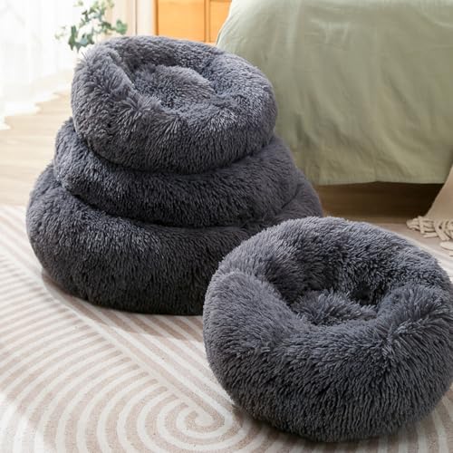 Calming Cat Bed for Indoor Cats & Small Dogs, Pet Bed for Puppies Rabbit,Machine Washable Non-Slip Donut Sofa for 6.5lbs Pet，Plush Dark Gray Cama para Gatos，Dark Gray