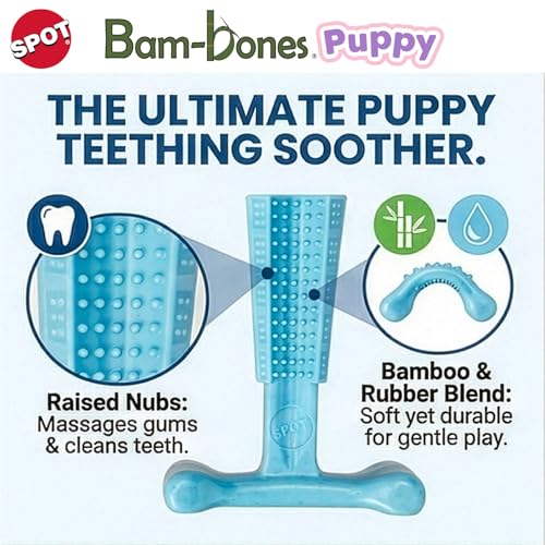 SPOT Bam-Bones Puppy T-Bone Dog Chew Toy, Chicken Flavor, 6 Inch, Bamboo Fiber & Flexible Rubber, Easy Grip Design for Gentle Chewers, Small Dogs & Puppies