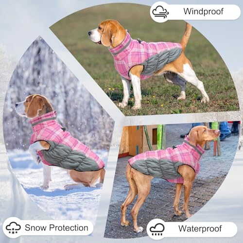 BEAUTYZOO Dog Winter Coat with Harness Built in, Reflective Plaid Puffer Vest Waterproof for X-Small Dogs, Fleece Warm Puppy Zipped Jacket with D Ring, Pet Cold Weather Sweater Clothes, Pink XS - color: Pink, size: X-Small