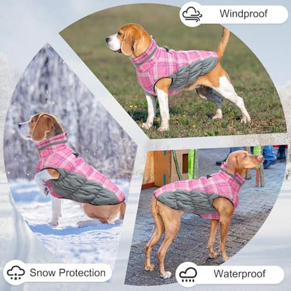 BEAUTYZOO Dog Winter Coat with Harness Built in, Reflective Plaid Puffer Vest Waterproof for X-Small Dogs, Fleece Warm Puppy Zipped Jacket with D Ring, Pet Cold Weather Sweater Clothes, Pink XS - color: Pink, size: X-Small