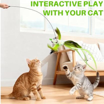 Walfront Christmas Cat Toys, Green Feather Bird Wand with Pink Flower Suction Base, Fishing Rod Design, Indoor Play for Adult Cats, Single Cat Homes, Fun Self Play and Relaxing Mood