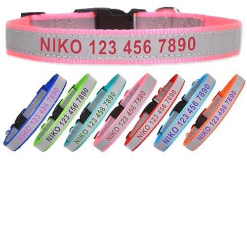 Reflective Personalized Dog Collar - Custom Embroidered Pet Name and Phone Number with Adjustable Nylon Buckle Collars in 5 Sizes XS to XL for Boy and Girl Dogs,Puppy,Pink - color: Pink