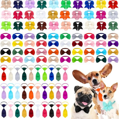 Reginary 100 Pieces Dog Bow Tie Collar Set Include 40 Dog Neckties, and 30 Puppy Bowties, 30 Collar Flowers, Adjustable Pet Ties Grooming for Small Medium Cats Pets Supply(Solid Color) - style: Solid Color