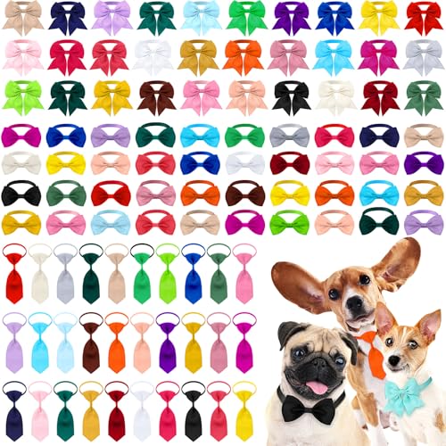 Reginary 100 Pieces Dog Bow Tie Collar Set Include 40 Dog Neckties, and 30 Puppy Bowties, 30 Collar Flowers, Adjustable Pet Ties Grooming for Small Medium Cats Pets Supply(Solid Color) - style: Solid Color