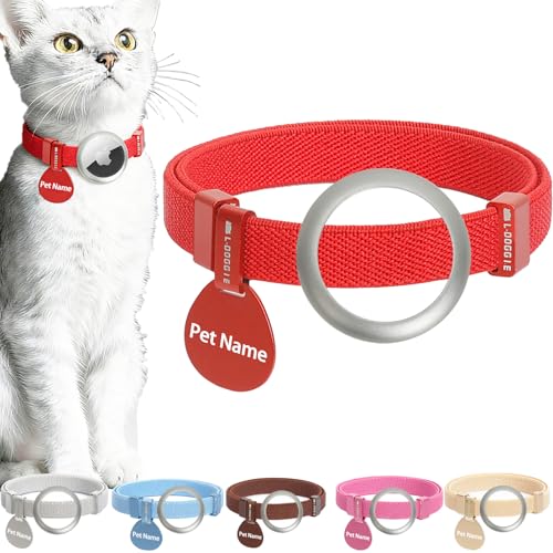 Minimalist Stretch Lightweight Custom Engraved Airtag Cat Collar with Apple Air Tag Holder and Name ID Tag Personalized Cat Collars for Kitten Boy & Girl Cats (Red, with Apple Airtag Holder + ID Tag) - color: Red, size: Collar With Apple Airtag Holder + I