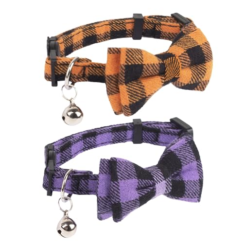 ADOGGYGO Halloween Cat Collars Breakaway with Removable Bowtie Bell, 2 Pack Orange Purple Plaid Halloween Bow Collar for Cats Kittens - color: Orange&Purple-1
