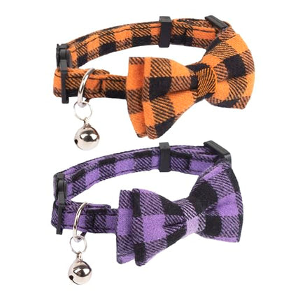ADOGGYGO Halloween Cat Collars Breakaway with Removable Bowtie Bell, 2 Pack Orange Purple Plaid Halloween Bow Collar for Cats Kittens - color: Orange&Purple-1
