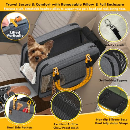 PAWZIDEA Center Console Dog Car Seat, Enclosed Small Dog Armrest Booster Carseat, Secure Straps &Anti Slip, Portable TSA Approved Puppy Pet Carrier Soft-Sided, Removable Pillow Storage Pocket, up 12lb - color: Mid-Hemp Grey