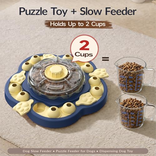 Dog Puzzle Toy, 3 Levels of Step-by-Step Challenge, Spin to Release Treat Dispenser, Slow Feeder & Mental Stimulation Enrichment Toy for Small Medium Large Dogs - color: Sunflower Blue