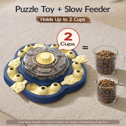 Dog Puzzle Toy, 3 Levels of Step-by-Step Challenge, Spin to Release Treat Dispenser, Slow Feeder & Mental Stimulation Enrichment Toy for Small Medium Large Dogs - color: Sunflower Blue