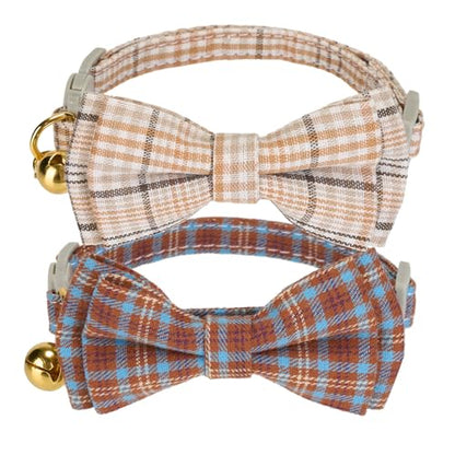 2 Pack Cotton Cat Collar, Removable Bowtie, Plaid Pattern, Safety Breakaway Clasp, Adjustable for Cats.(Adult Cat, Beige and Red) - color: Beige+Red