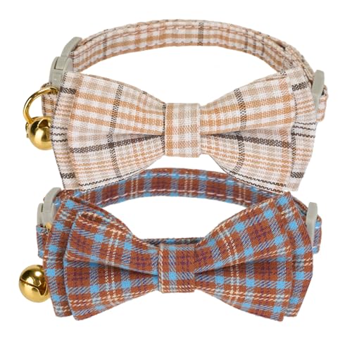 2 Pack Cotton Cat Collar, Removable Bowtie, Plaid Pattern, Safety Breakaway Clasp, Adjustable for Cats.(Adult Cat, Beige and Red) - color: Beige+Red