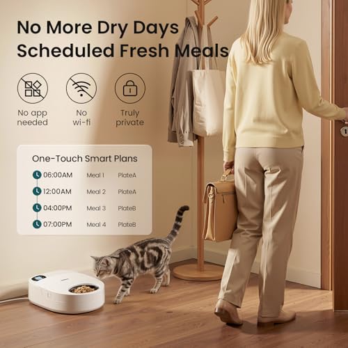 Refrigerated Automatic Cat Feeder Wet Food with Semiconductor Cooling, No Ice Packs 48H Fresh Keeping, Removable Dual-Section Tray, 4-Meal Timer for Portion Control, Work Schedules & Weekend Travel
