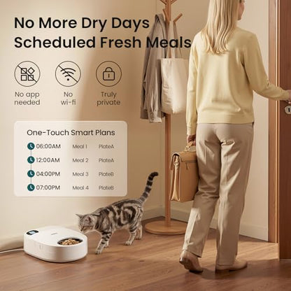 Refrigerated Automatic Cat Feeder Wet Food with Semiconductor Cooling, No Ice Packs 48H Fresh Keeping, Removable Dual-Section Tray, 4-Meal Timer for Portion Control, Work Schedules & Weekend Travel