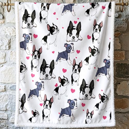 BlessLiving Boston Terrier Blanket for Dogs, 60x80 Inch Plush Fleece Throw - Super Soft Cozy Frenchie Dog Blankets for Women, Girls, Pet Lovers, Cute Puppy Gift with Red Heart, Black White Animal - color: Boston Terrier, size: Twin, 60 x 80 Inches