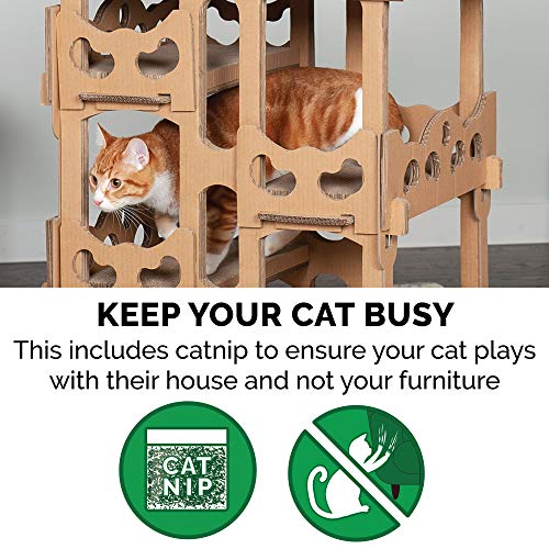 Furhaven Cardboard Cat House Tower Playground, Multi-Level Cat Tree Hideout Scratcher with Catnip
