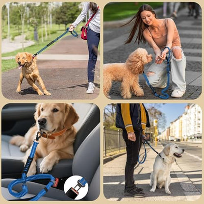 Heavy Duty Tactical Dog Leash, 4-6FT Shock Absorbing Bungee Lead with 2 Padded Handles, Metal Carabiner & Seatbelt Clip, Reflective No-Pull Leash for Medium/Large Dogs (Blue) - color: Blue