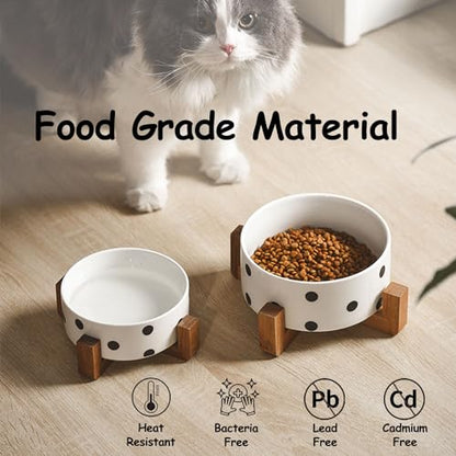 Petygooing Ceramic Dog Bowl Set with Stand, Small Pet Bowls, Anti-Slip Cat & Dog Food and Water Bowl Set (13.5OZ/5.1 in) Black Dot - color: Black Dot, size: Puppy/Small Size Dogs & Cat Bowls 400ML*2