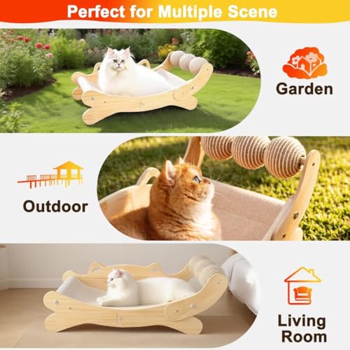 Cat Scratcher Bed, Heavy Duty Sisal Cat Scratching Post with Hammock for Indoor Cats, Natural Wood Cat Lounge for Sleeping & Scratching, Stable Platform for Large Cats, Easy Assembly Cat Furniture