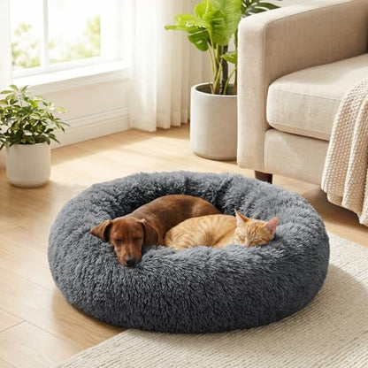 PetAmi Calming Dog Bed for Small & Medium Dogs and Cats, 30 Round Donut Dog Bed, Washable Fluffy Faux Fur Puppy & Cat Bed, Anti-Anxiety Plush Cuddler Pet Bed with Anti-Slip Bottom - Dark Gray - color: Gray, size: Medium - 30"