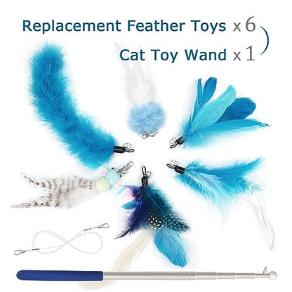 Cat Feather Toys Wand - 7 Pcs Interactive Cat Toys for Indoor Cat Kitten, Retractable Cat Wand Toy with 6 Feather Teaser Refills with Bell, Cat Fishing Pole Toy, Blue - color: Blue
