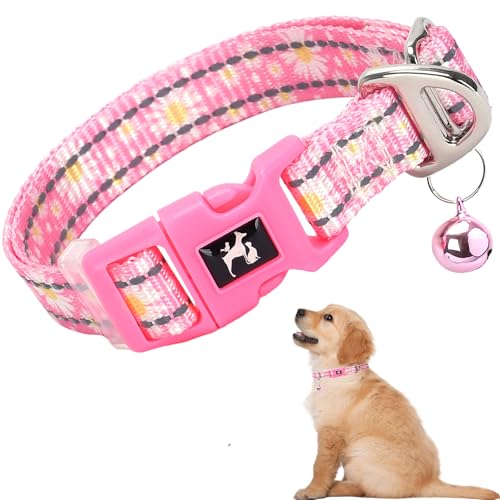 Puppy Collar with Bell - Cute Pink Daisy Design Reflective Nylon Dog Collar for Small Dogs, Adjustable & Durable for Puppies, Night Safety XS - color: 1, size: XS (Neck 7"-9")
