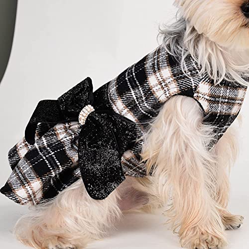 Dog Sweater Dresses for Small Dogs Girl, Puppy Clothes Plaid Dress Doggie Princess Dress, Winter Pet Holiday Festival Apparel Outfits, S, Black, 7-9lb - color: Black Plaid, size: Small (Chest 15in )