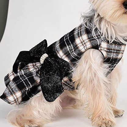 Dog Sweater Dresses for Small Dogs Girl, Puppy Clothes Plaid Dress Doggie Princess Dress, Winter Pet Holiday Festival Apparel Outfits, S, Black, 7-9lb - color: Black Plaid, size: Small (Chest 15in )
