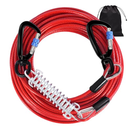 Dog Leads for Yard 50FT-1000LBS Break Strength,Heavy Duty Tie Out Cable for Dogs with Swivel Lockable Hook & Spring,Chew Proof Dog Chain for Outside,Dog Run Cable for Medium Large Dogs - color: Red, size: 50FT