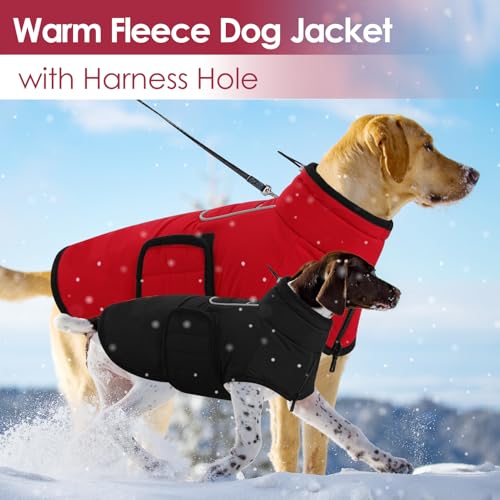 AOFITEE Dog Coat - Waterproof Dog Jacket with Harness Hole & High Collar, Warm Fleece Snow Jacket, Reflective for Small, Medium, Large Dogs - Black XL - color: Black, size: X-Large