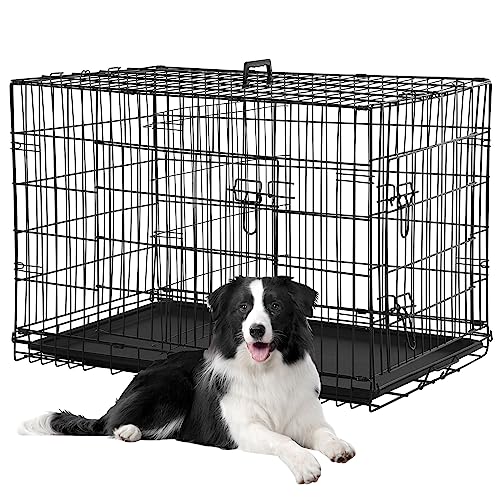 Dog Crates for Large Dogs Outdoor Indoor, Dog Cage Kennel Foldable Metal Wire Dog Crate with Leak-Proof Tray and Handle Double Door, Animal Pet Cage, 42 Inch - size: 42 INCH