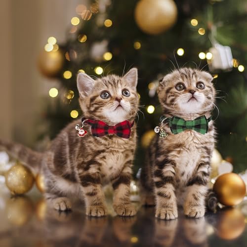 ADOGGYGO Christmas Cat Collars Breakaway with Cute Bow Bell - 2 Pack Red Green Plaid Kitten Collar with Removable Bowtie Christmas Collar for Cats Kittens - color: Red&Green-1