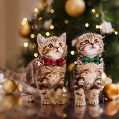ADOGGYGO Christmas Cat Collars Breakaway with Cute Bow Bell - 2 Pack Red Green Plaid Kitten Collar with Removable Bowtie Christmas Collar for Cats Kittens - color: Red&Green-1