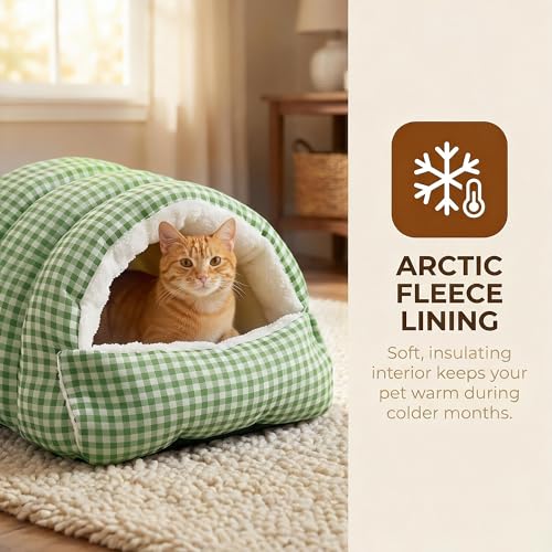 Small Cat Dog Cave Bed Calming Pet Nest Warm Plush Covered Cat House with Hooded Blanket Removable Hooded Blanket Cushion Washable Soft Calming Indoor Cat Bed (Green, Medium) - color: Green, size: Medium