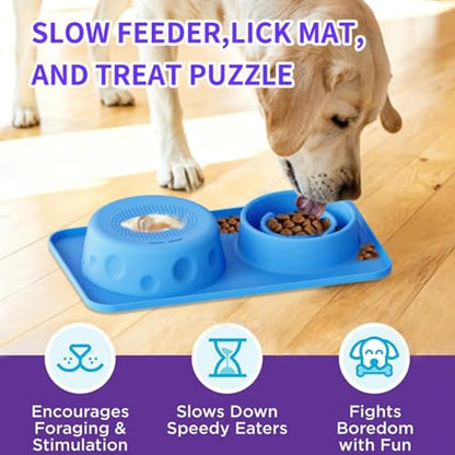 Slow Feeder Dog Lick Bowl with 3 Rolling Ball,Anti-Slip Silicone Puzzle Feeder for Liquid Treats,Bone Broth,Yogurt,Wet Food,Anxiety Relief Enrichment Lick Toy for All Dogs & Cats (2-in-1 Blue) - color: 2-in-1 Blue