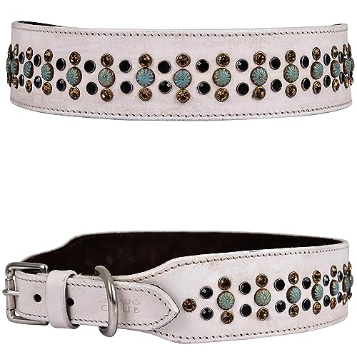 Genuine Leather ‘Cupola’ Series White Dog Collar | Rhinestone | Soft, Cushion Padding, Handmade | Best for Medium, Large, XL Breeds (M (Neck Size 14.5"-18.5"), White, Antique Copper Conchos) - color: White, Antique Copper Conchos, size: M (Neck Size 14.5"